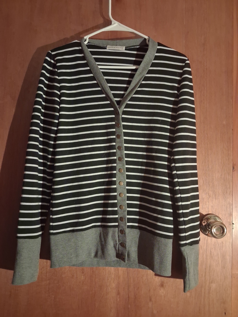 Striped Button-Front Cardigan Sweater - Olive And Blue .  Snap Closure